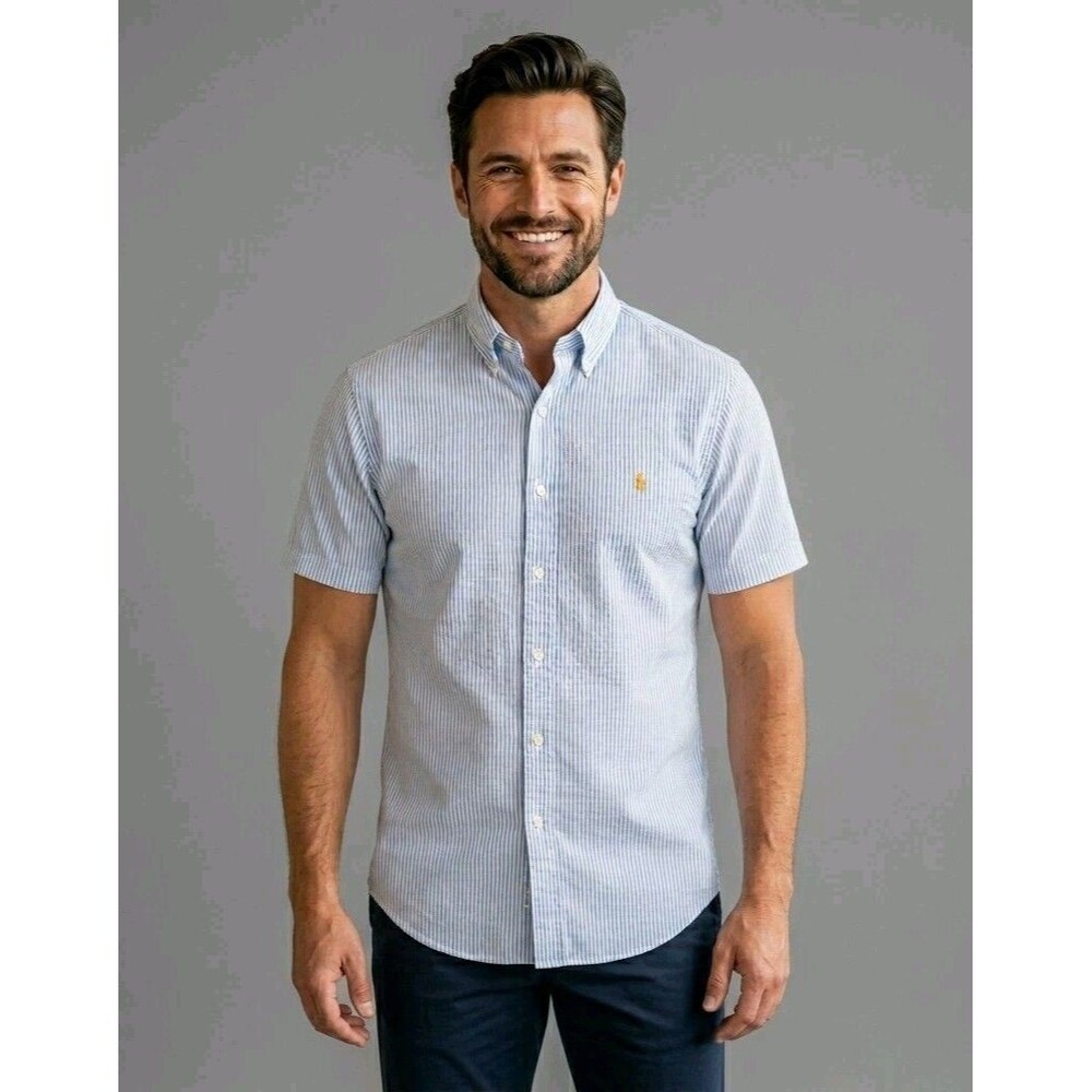 Ralph Lauren Men’s Medium Seersucker Shirt Blue White Striped Yellow Pony